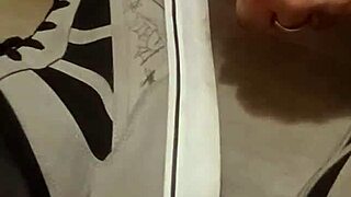 Friend has fun trashing my sneakers with shoes fetish