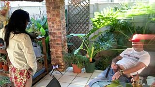 Mutual masturbation outdoor with my stepsister, close up on small tits and cock