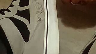 Friend has fun trashing my sneakers with shoes fetish