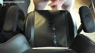 Teen redhead unleashes massive cum spray in bedroom close-up.