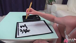 Japanese woman Renka Shimizu sucks cock while writing uncensored
