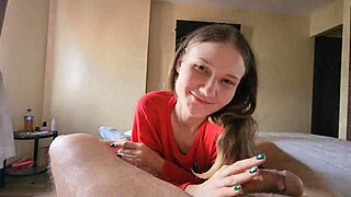 sexy blonde slurping big cock by mirror, cum on face