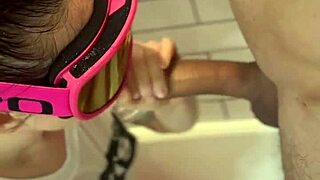 In the bathroom, he flashes his dick and cums on her face during the adventure.