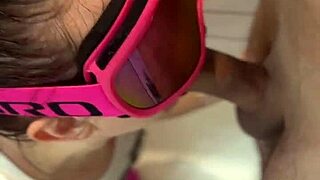 In the bathroom, he flashes his dick and cums on her face during the adventure.