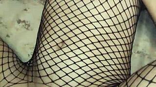 teasing moment with wife in fishnet stockings