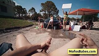 Blonde Sexy Girl Swallows Huge Fat Dick at Car Wash