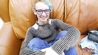 petite blue haired girl finger fucks her pussy and sucks big cock?