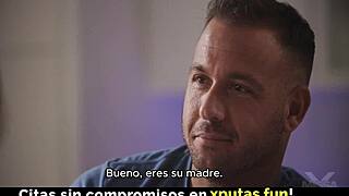 cute busty girl in glasses shouts, 'fuck me harder, spanish sub!' during creampie and cumshot