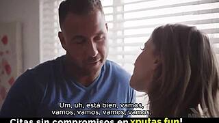 cute busty girl in glasses shouts, 'fuck me harder, spanish sub!' during creampie and cumshot