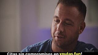 cute busty girl in glasses shouts, 'fuck me harder, spanish sub!' during creampie and cumshot