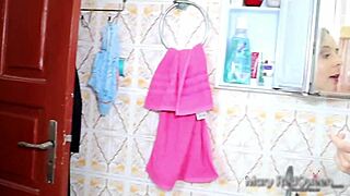 curvy blonde milf gives ass in bathroom with gusto to monster cock