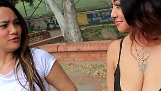 training with two busty women leads to outdoor threesome sex