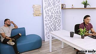 investor fucks slutty secretary while cuckold boss watches unknowingly, doggystyle in dorm with big cocks