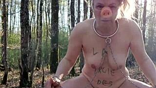 European Milf Slave Self-Spanks Outdoors