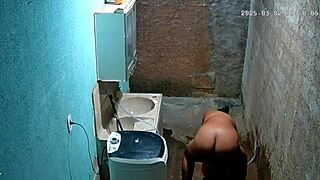 hidden camera catches stepmother shaving while stepson watches secretly.