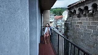 Risky public balcony masturbation of my stepsister