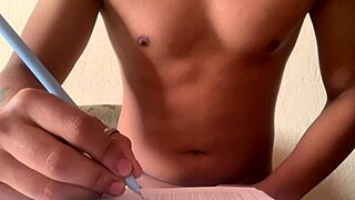 athletic amateur masturbates while doing homework