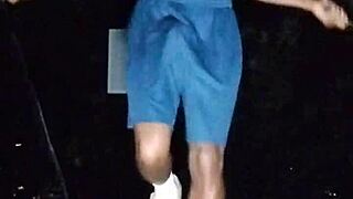 This cute brunette works out in the park with athletic moves.