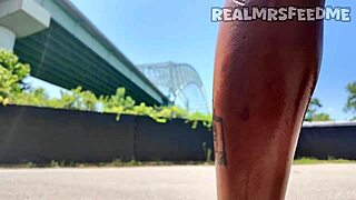 Ebony pornstar sucks monster cock outdoor with pretty natural tits