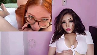 hermosa chica inocente con lentes y tatuajes cogiendo muy caliente