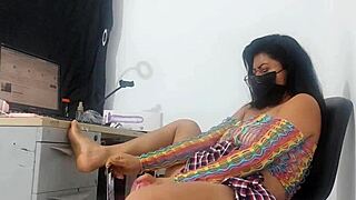 Sweet Girl in Miniskirt and Fishnet Stockings Takes Huge Horse Dildo