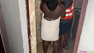 Black ebony offered her wet pussy to engineers as payment for service in group threesome with fingering and oiled masturbation