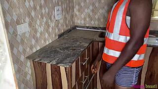 Black ebony offered her wet pussy to engineers as payment for service in group threesome with fingering and oiled masturbation