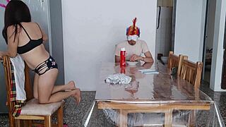 A maid fulfills a dark fetish in front of a man whos taking care of her at home her tits are charming and natural