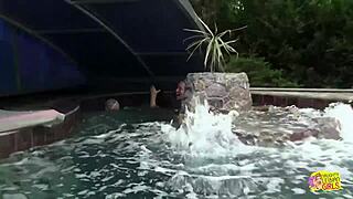 Amazing outdoor fun in the pool with pretty blonde and brunette babes