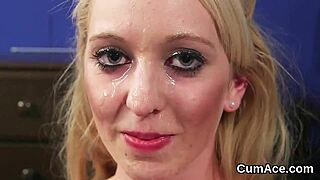 Naughty hottie gets jizz load on her face, swallowing all the cream in this blowbang