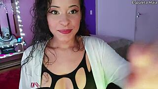 Latina with natural tits bends to suck her own breast in a detailed close-up scene