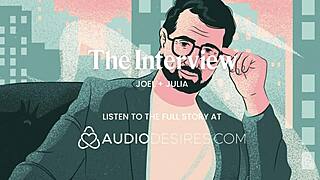 Rubbing her tits during the interview, she cums all over herself. She asked for my dick, so I gave it to her.