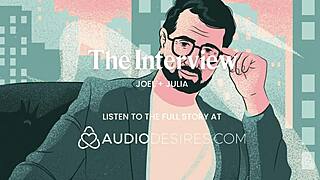 Rubbing her tits during the interview, she cums all over herself. She asked for my dick, so I gave it to her.