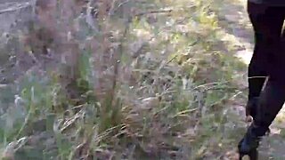 Walking in woods with high heels and pantyhose