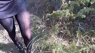 Walking in woods with high heels and pantyhose
