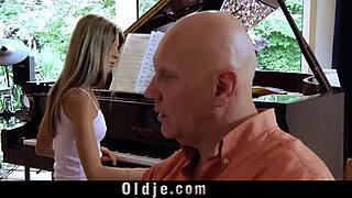 Cutie teen shows real fucking to old guy caught masturbating.