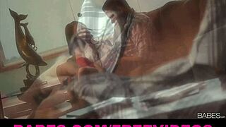 Busty brunette with perfect tits enjoys foreplay before doggystyle pounding