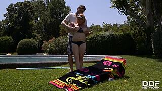 busty redhead lola fauve fucks the pool boy and swallows his enormous cock