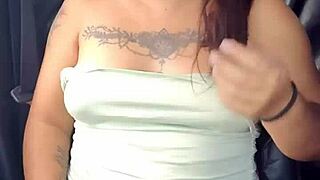 A Horny Latina Prostitute In The Car On The Highway Shows Her Natural Tits And Panties Under Lingerie.