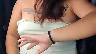 A Horny Latina Prostitute In The Car On The Highway Shows Her Natural Tits And Panties Under Lingerie.