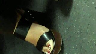 Mature Woman Conceals Her Feet in Candid Wedges and Sandals Shots