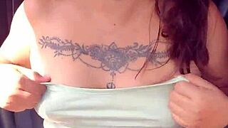 A Horny Latina Prostitute In The Car On The Highway Shows Her Natural Tits And Panties Under Lingerie.