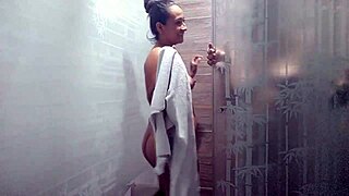 Roommate arrives horny while showering wants pussy licked