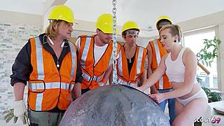 Wrecking ball parody group sex with skinny teen Miley May and older guys.