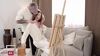 Petite Asian babe Kwini Kim fucks muscular guy in hardcore session. Includes blowjob, doggystyle, and cumshot.