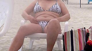 Mature Woman Flashes on Beach, Gets Big Cumshot on Hairy Pussy from Stepson