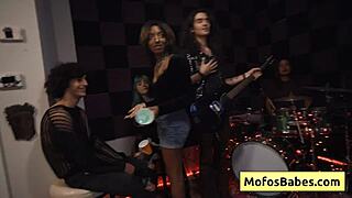 Hot brunette Nia Bleu sucks dick backstage, then gets intensely banged from behind by Brett Maker