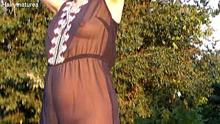 hairy mature flashes pussy in see-through outdoors