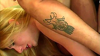 She engages in double penetration and receives cum streams on her lips