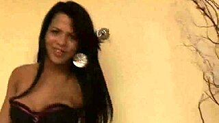 Foxy brunette tranny tugs hard cock